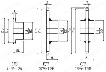 標準スプロケット 160B・C形 セミFシリーズ 軸穴加工済（新JISキー）　外形図