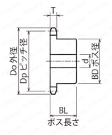 標準2040ニバイピッチスプロケット Sローラ用B形 セミＦシリーズ 軸穴加工済 (新JISキー) 外形図