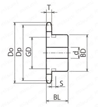 標準2042ニバイピッチスプロケット Rローラ用B形 セミFシリーズ 軸穴加工済 （新JISキー） 外形図