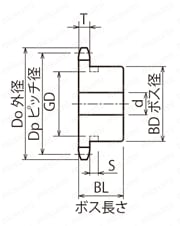 ステンレススプロケット60B形 セミFシリーズ 軸穴加工済（新JISキー） 外形図