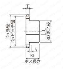 ステンレススプロケット80B形 セミFシリーズ 軸穴加工済（新JISキー） 外形図