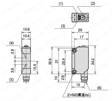 汎用アンプ内蔵光電センサ HP7シリーズ リフレクタ形／透明体検出リフレクタ形／反射形 外形図