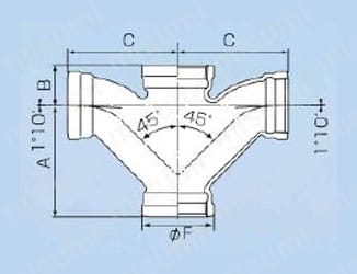 ドレネジ継手 90°大曲り両Y 外形図