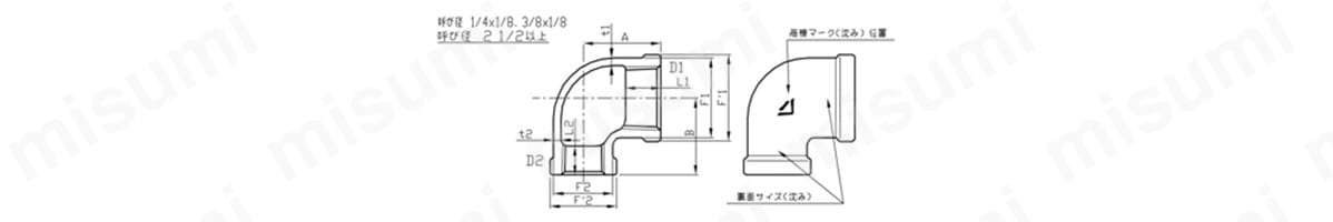 白・黒継手径違いエルボ 呼び径21/2以上の外形図