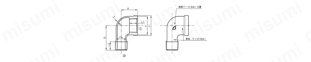 白・黒継手径違いストリートエルボの外形図