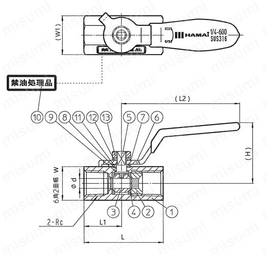 禁油処理ボールバルブ BSSシリーズ SUS316製 レバーハンドル（レデュースボア ） 外形図