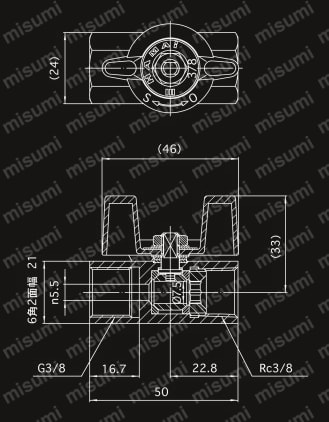 ステンレス製ボールバルブ Rc×G接続（禁油品） 外形図