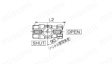 F2型（スタンダードボア）ボールバルブ コンパクトボール Tハンドル 外形図2
