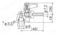 灯油コックアングル ボールバルブタイプ φ8×φ7.2タケノコ 外形図01