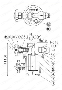 OF-100LV型 オイルストレーナー Rc1/2×Rc1/2 外形図01