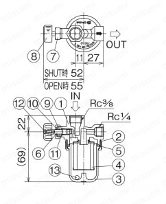 OF-50LV型 オイルストレーナー Rc3/8×ホースニップル, Rc3/8×Rc1/4 外形図02