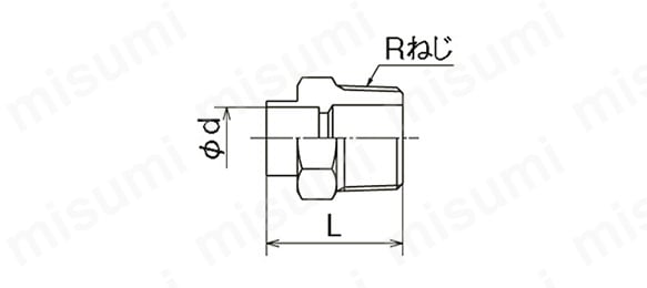銅管用継手 オスアダプター Rねじ取付 黄銅製の外形図