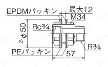 金属管継手 壁貫通金具 外形図