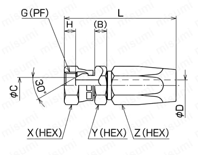 リューザブルタイプ 管用平行メスねじユニオン継手（30°オスシート付） F Alt;外形図01