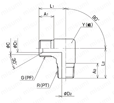 アダプタ 機器接続側管用テーパねじタイプ（30°メスシート付） 190 90°エルボ Alt：外形図01