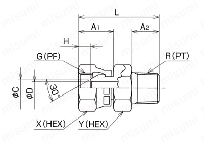 アダプタ 機器接続側管用テーパねじタイプ（30°メスシート付） 060管用平行オスねじ Alt;外形図01