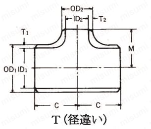 突合せ溶接式管継手 鋼管製 T（同径/違径） 白管 外形図2