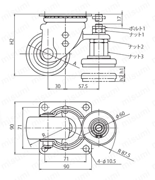 小型重荷重用キャスター アジャスター L-JW金具付 L-MCB・JW 外形図