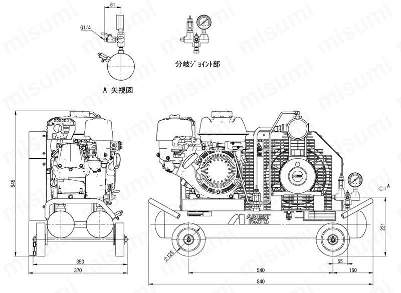 レシプロオイルフリーコンプレッサ 軽便タイプ／タンクマウントタイプ PFU・PFUEシリーズ　PFUE07C-10 外形図
