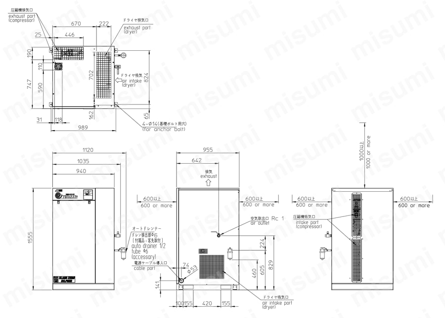 オイルフリースクロールコンプレッサ ThinkAir SLPシリーズ　SLP-150EFD_1501EFD　外形図