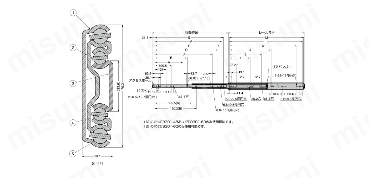 C9301-48 スライドレール 重荷重 フルトラベル 9301 日本アキュライド MISUMI(ミスミ)