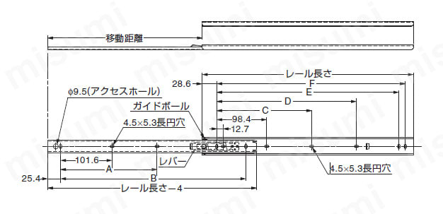 スライドレール 軽荷重 3/4トラベル 203 外形図02