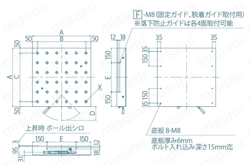 フリーベアユニットテーブル ハンドル昇降タイプ フリーベアテーブル 外形図1