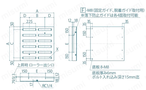 フリーベアユニットテーブル エアー昇降タイプ ローラーテーブル 外形図