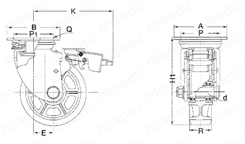 重荷重用MCナイロン車輪ストッパー付自在車（RRJMB型） | ヨドノ
