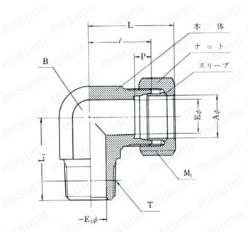 ステンレス鋼用 SUS304 ハーフエルボ SE 外形図