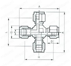 ステンレス鋼用 SUS316 UC クロスユニオン 外形図