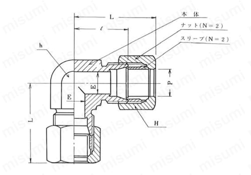 銅管用 B型くい込継手 GL-1型 UNION ELBOW 外形図