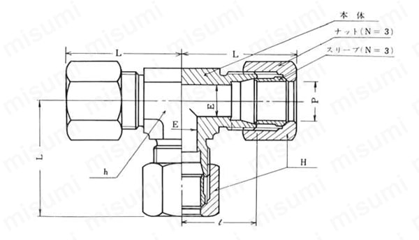 銅管用 B型くい込継手 GT-1型 UNION TEE 外形図