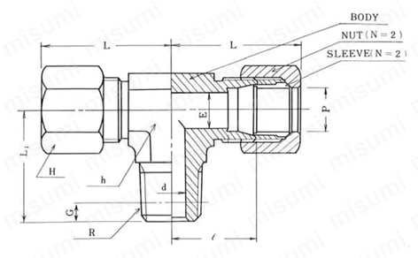 銅管用 B型くい込継手 GT-2型 MALE BRANCH TEE 外形図