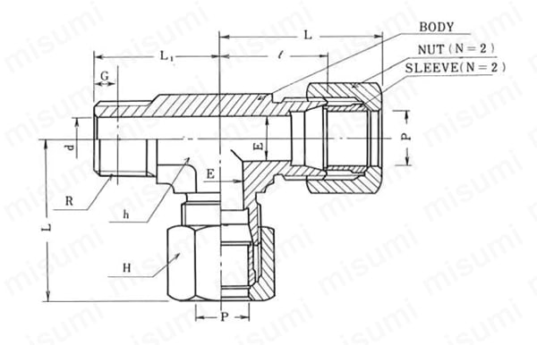 銅管用 B型くい込継手 GT-3型 MALE RUN TEE 外形図