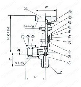 ステンレス鋼用 SUS316 VE ミニチュアバルブ（エルボ型） 外形図