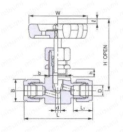 ステンレス鋼用 SUS316 VUH 高温用 NEEDLE STOP VALVE ユニオン型 外形図