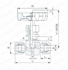ステンレス鋼用 SUS316  VUP NEEDLE STOP VALVE ユニオン型 外形図