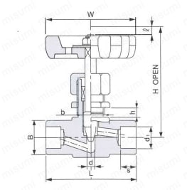 ステンレス鋼用 SUS316  VWP NEEDLE STOP VALVE ソケットウェルド型 外形図