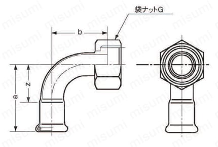 ステンレス鋼管対応 プレス式 モルコジョイント 90°ユニオン 外形図