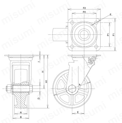 ステンレス製キャスター 旋回 JAtype サイズ75mm 外形図