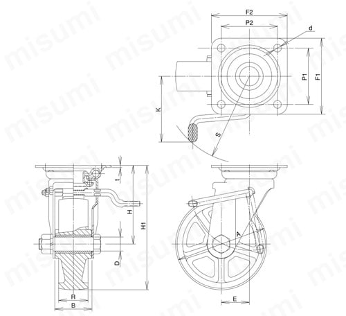 ステンレス製キャスター JAB型ストッパー付旋回金具（サイズ75mm） 外形図