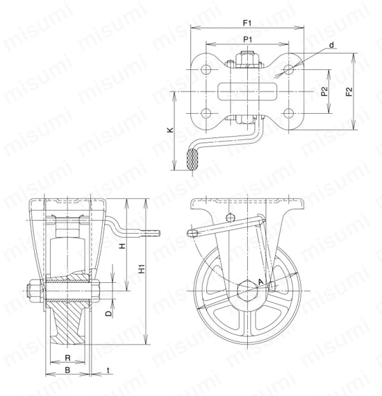 ステンレス製キャスター 固定 （回転ストッパー付） KABZtype サイズ75mm 外形図
