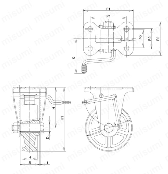 ステンレス製キャスター 固定 （回転ストッパ付） KABZtype サイズ150mm 外形図