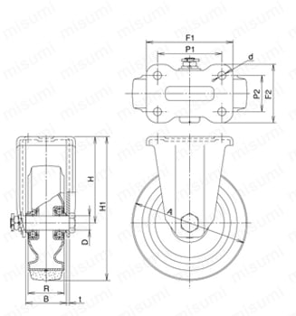 牽引用キャスター 固定 KHW／KWtype サイズ150mm～200mm 外形図1