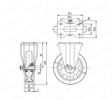 牽引用キャスター 固定 KHW／KWtype サイズ150mm～200mm 外形図2