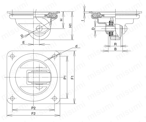 低床式キャスター TN型防塵型旋回金具（サイズ50mm） 外形図