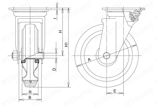 中荷重用キャスター 旋回 HJtype サイズ130mm・150mm 外形図3