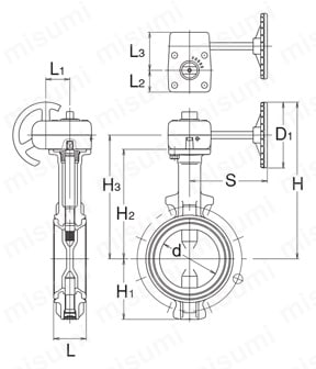 1.4MPa仕様 球状黒鉛鋳鉄ウェハー形ゴムシート ギヤ式 外形図