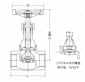 10K型 ダクタイル鋳鉄ねじ込み形PTFEジスク入りグローブバルブ〈ソフトシート〉 外形図